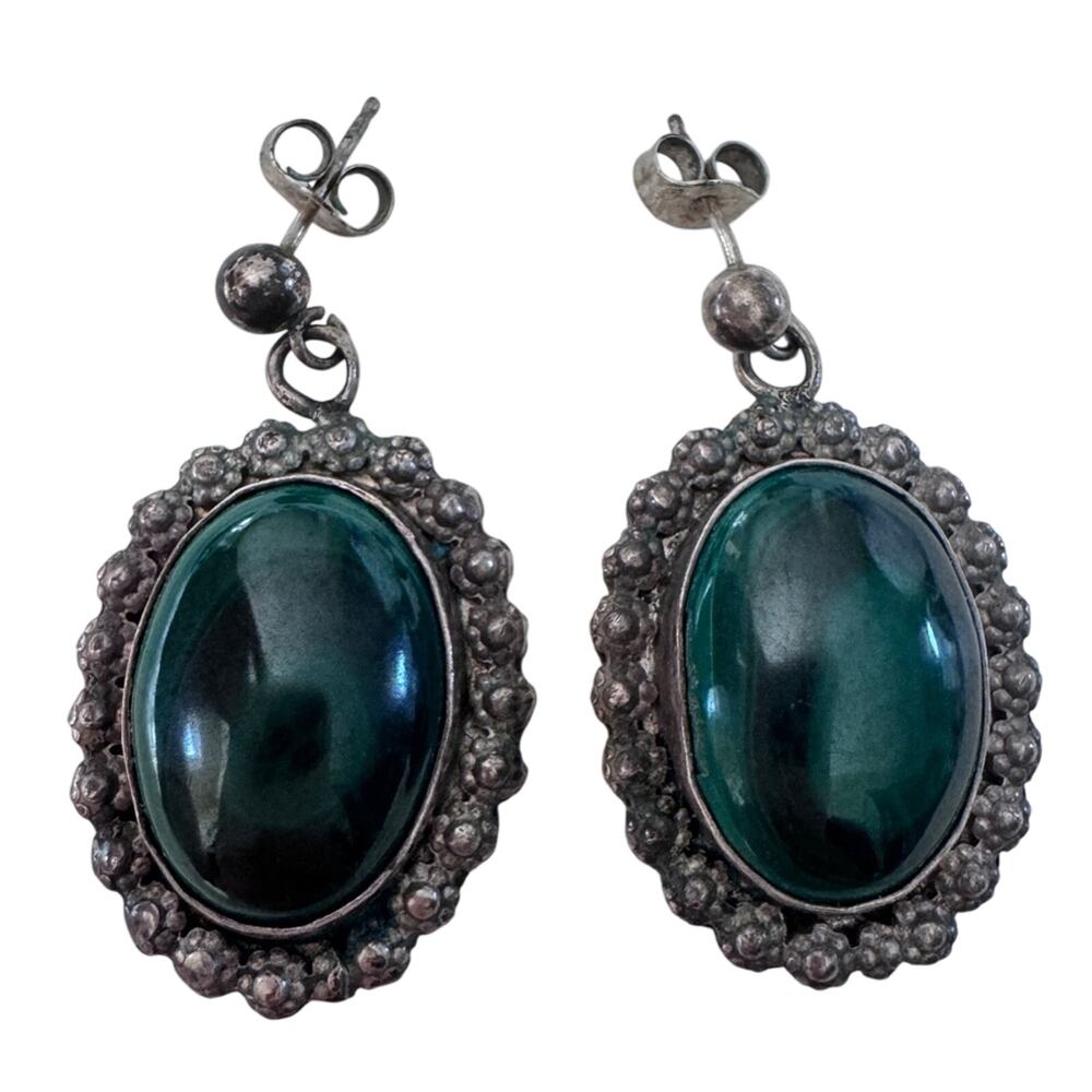 Vintage Sterling Mexico Malachite Earrings Cabochon Estate Jewelry Womens